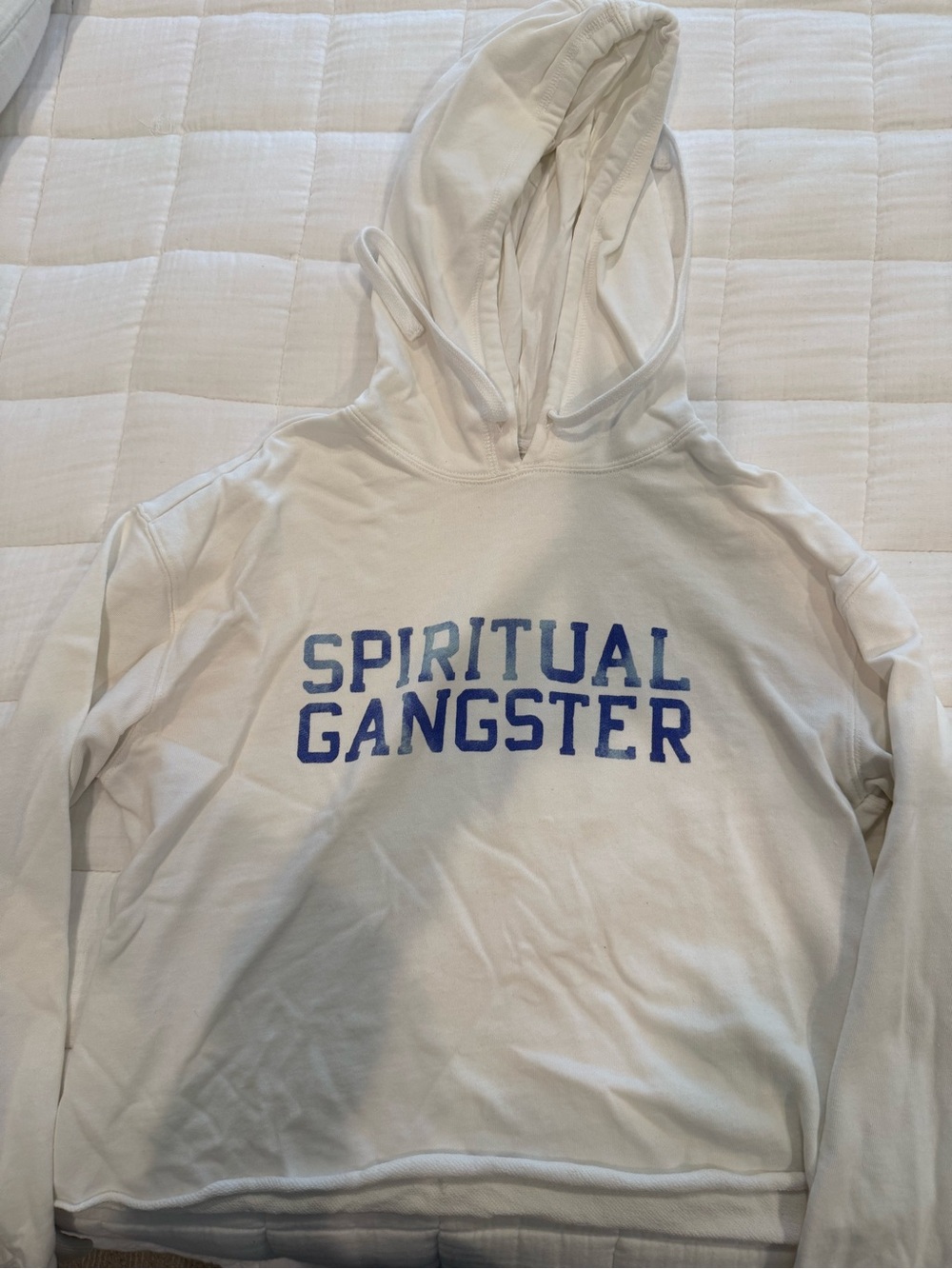 Spiritual Gangster women’s White Hoodie with Blue Logo